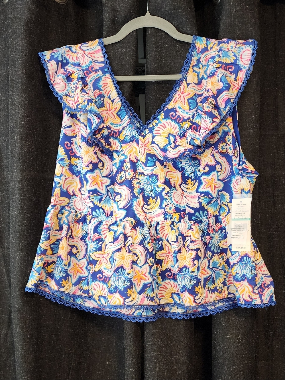 Nanette Nanette Lepore Blue Multi Lace Trim Sleeveless Top NWT Size L Boho Flora